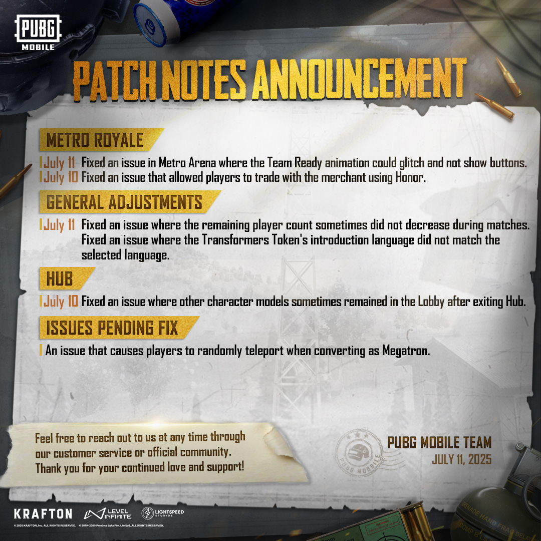 PUBG MOBILE最新更新修复问题公告_图2