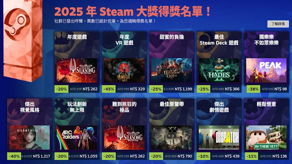 《空洞骑士：丝之歌》荣获2025 Steam「年度游戏」大奖 得奖名单揭晓！
